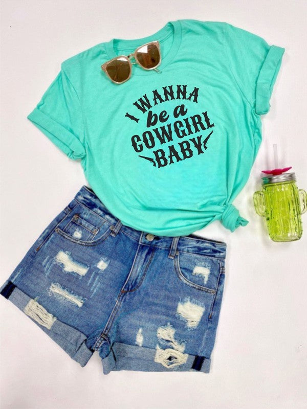 I Wanna Be a Cowgirl Baby Graphic Tee Heather Mint 2X by Ocean and 7th | Fleurcouture