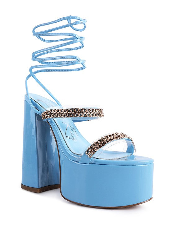 INDULGENCE Metal CHAIN LACE UP CHUNKY SANDALS Blue 6 by Rag Company | Fleurcouture