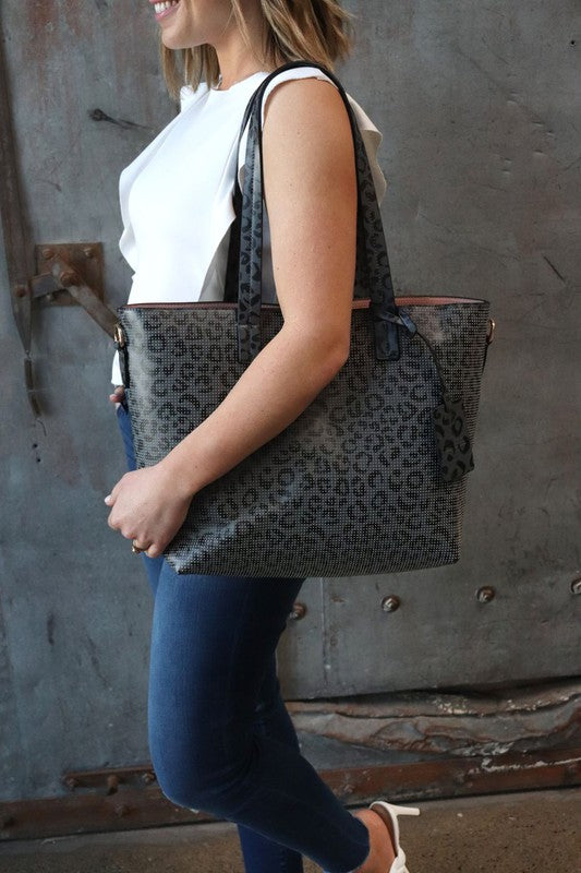 Jane Perforated Leather Large Tote Black Cheetah OS by Thomas and Lee Co | Fleurcouture