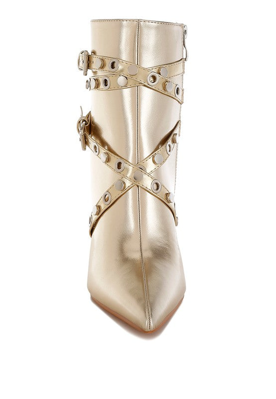 Jaunts Eyelets &amp; Studs Harness Ankle Boots Gold by Rag Company | Fleurcouture