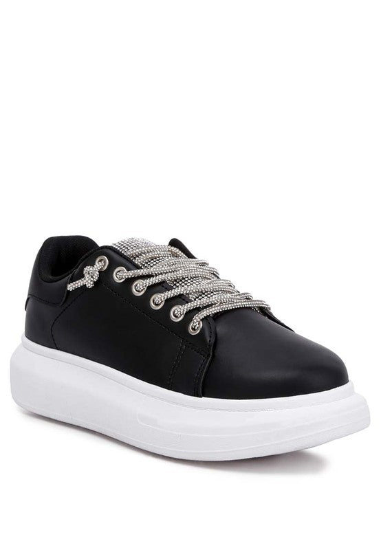 Jaxen Rhinestones Lace Up Sneakers BLACK US-5 / UK-3 / EU-36 by Rag Company | Fleurcouture