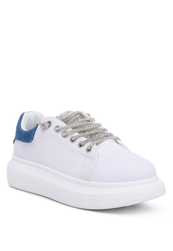 Jaxen Rhinestones Lace Up Sneakers WHITE US-5 / UK-3 / EU-36 by Rag Company | Fleurcouture