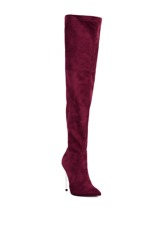 Jaynetts Stretch Suede Micro High Knee Boots Burgundy 6 by Rag Company | Fleurcouture