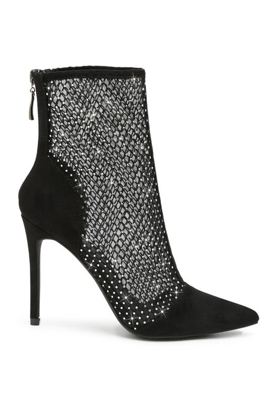 Jazz Rhinestone Embellished Mesh Stiletto Boots Black by Rag Company | Fleurcouture