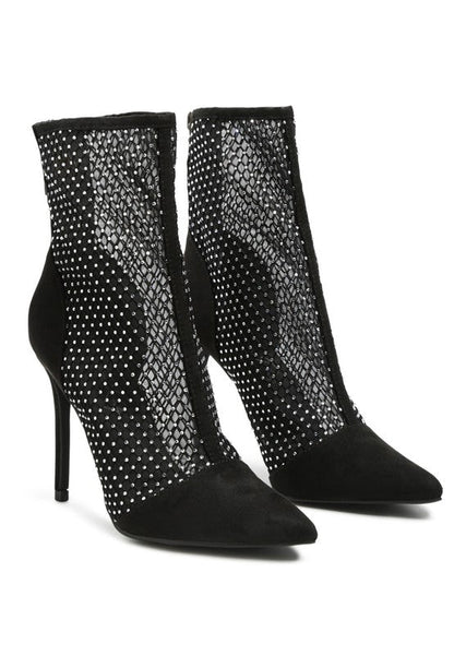 Jazz Rhinestone Embellished Mesh Stiletto Boots Black by Rag Company | Fleurcouture