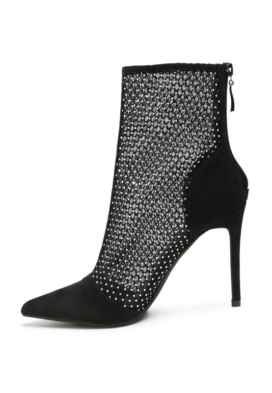 Jazz Rhinestone Embellished Mesh Stiletto Boots Black by Rag Company | Fleurcouture