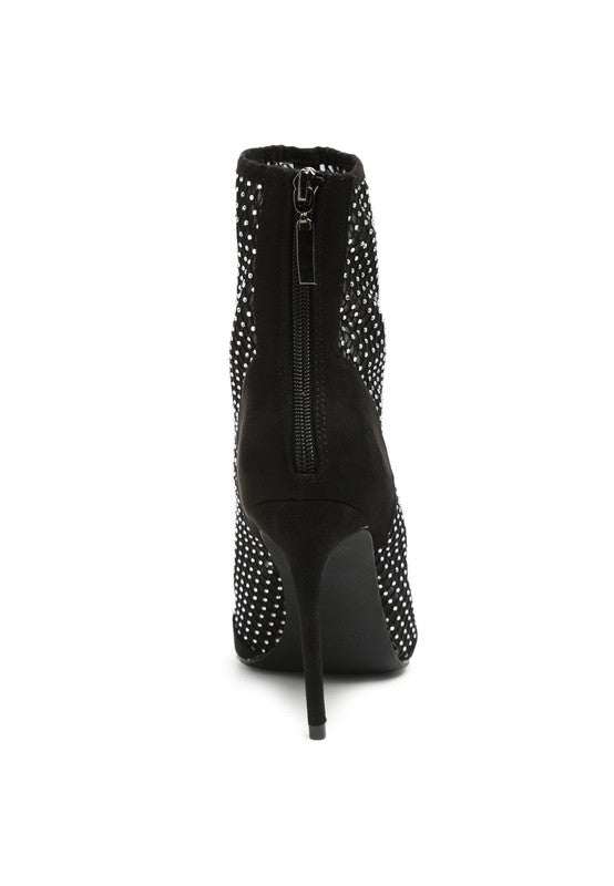 Jazz Rhinestone Embellished Mesh Stiletto Boots Black by Rag Company | Fleurcouture