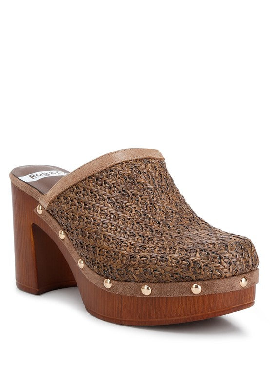 Jeydena Raffia Platform Clogs Brown US-5 / UK-3 / EU-36 by Rag Company | Fleurcouture