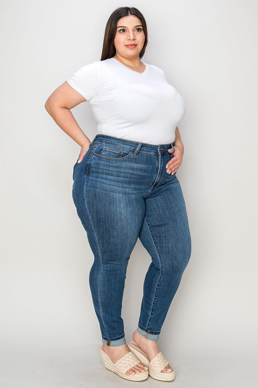 Judy Blue Full Size Cuffed Hem Low Waist Skinny Jeans Medium Plus Size by Trendsi | Fleurcouture