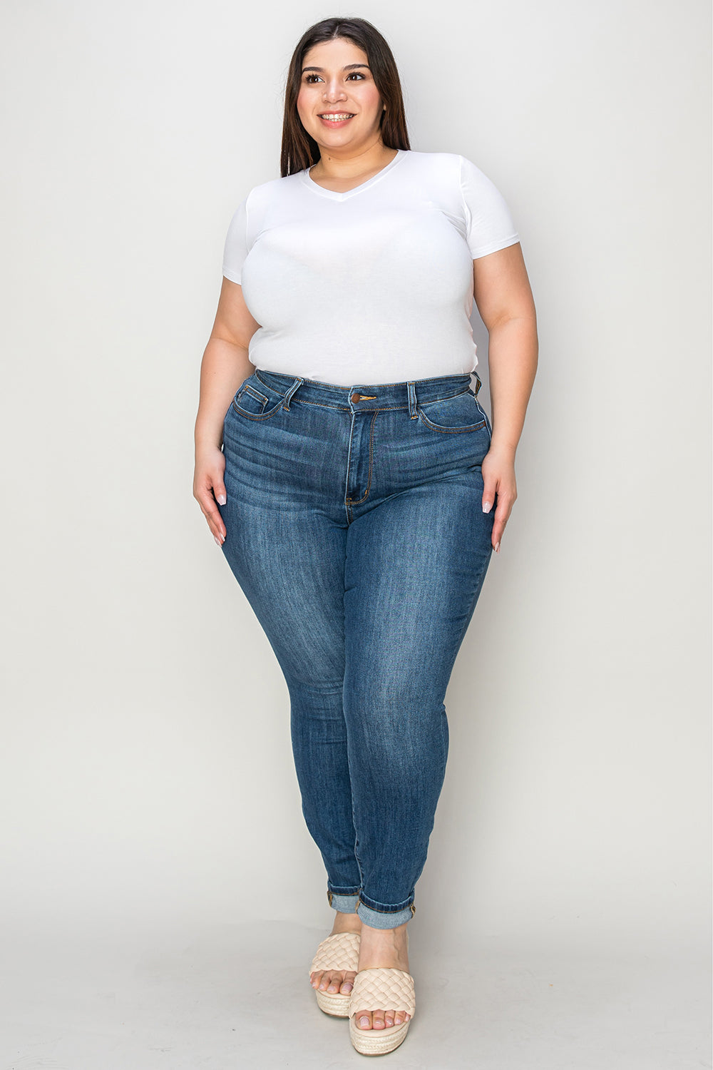 Judy Blue Full Size Cuffed Hem Low Waist Skinny Jeans Medium Plus Size by Trendsi | Fleurcouture