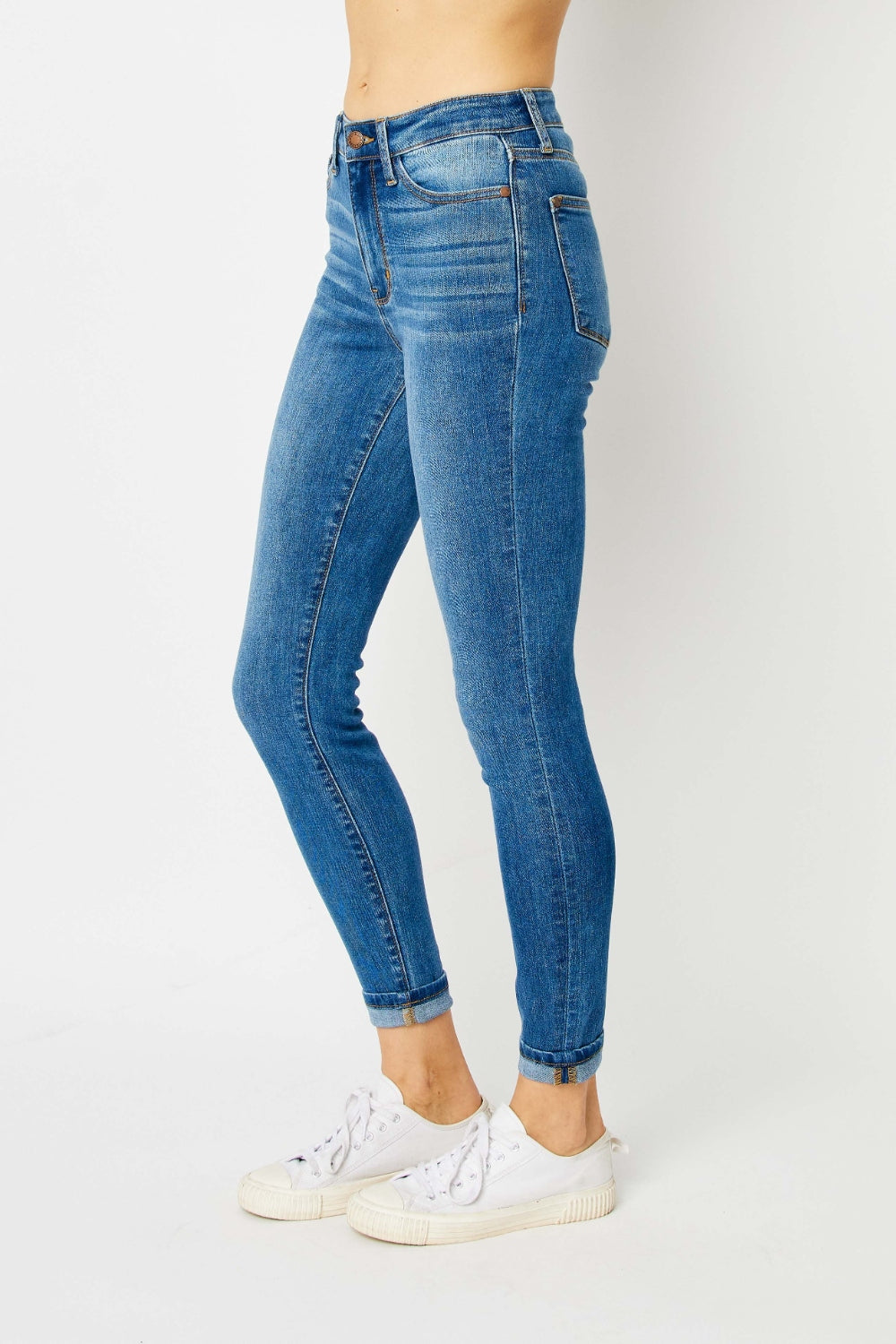 Judy Blue Full Size Cuffed Hem Low Waist Skinny Jeans Medium Plus Size by Trendsi | Fleurcouture