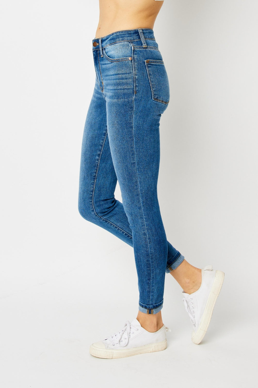 Judy Blue Full Size Cuffed Hem Low Waist Skinny Jeans Medium Plus Size by Trendsi | Fleurcouture