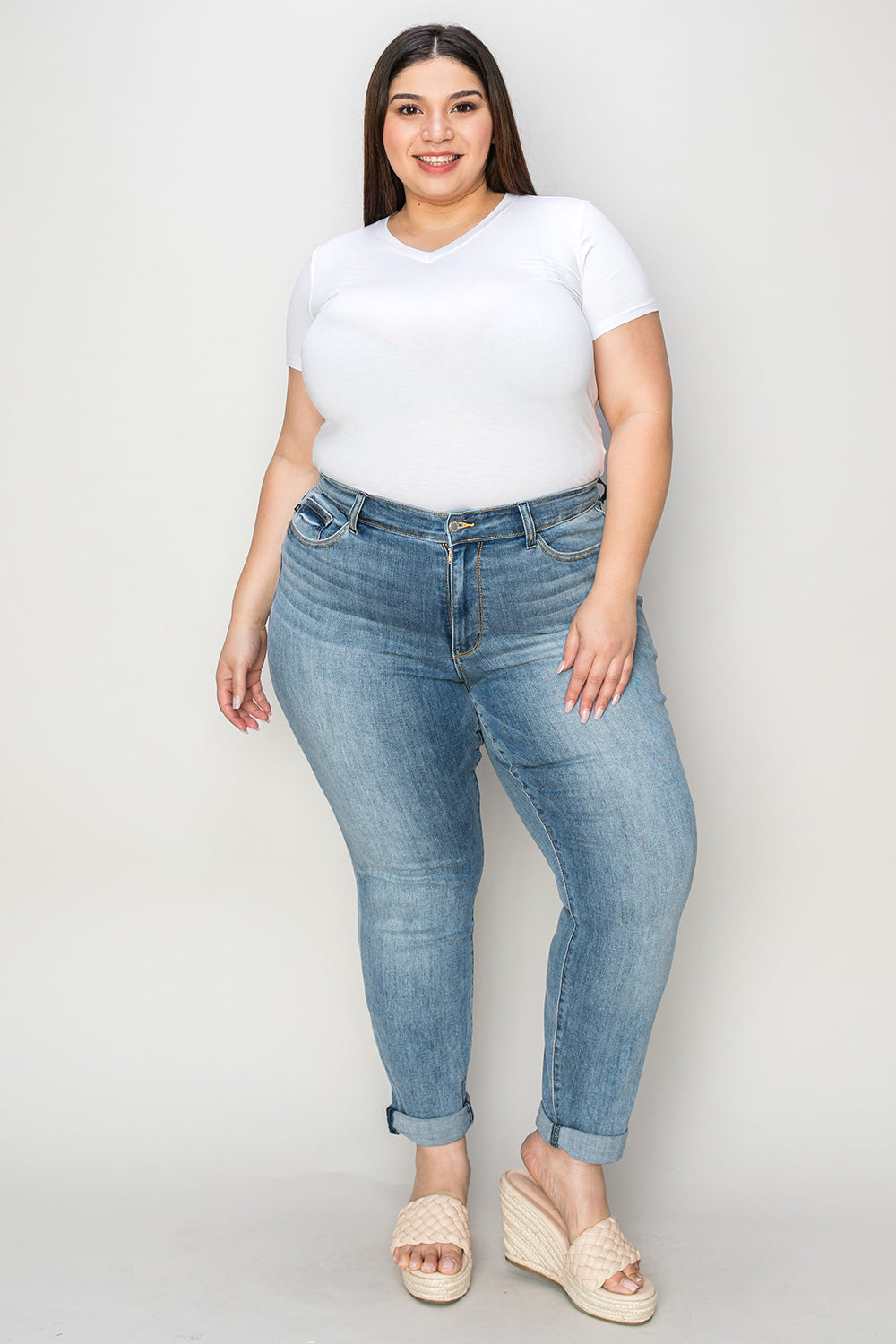 Judy Blue Full Size Cuffed Hem Low Waist Slim Jeans Medium 0(24) Plus Size by Trendsi | Fleurcouture