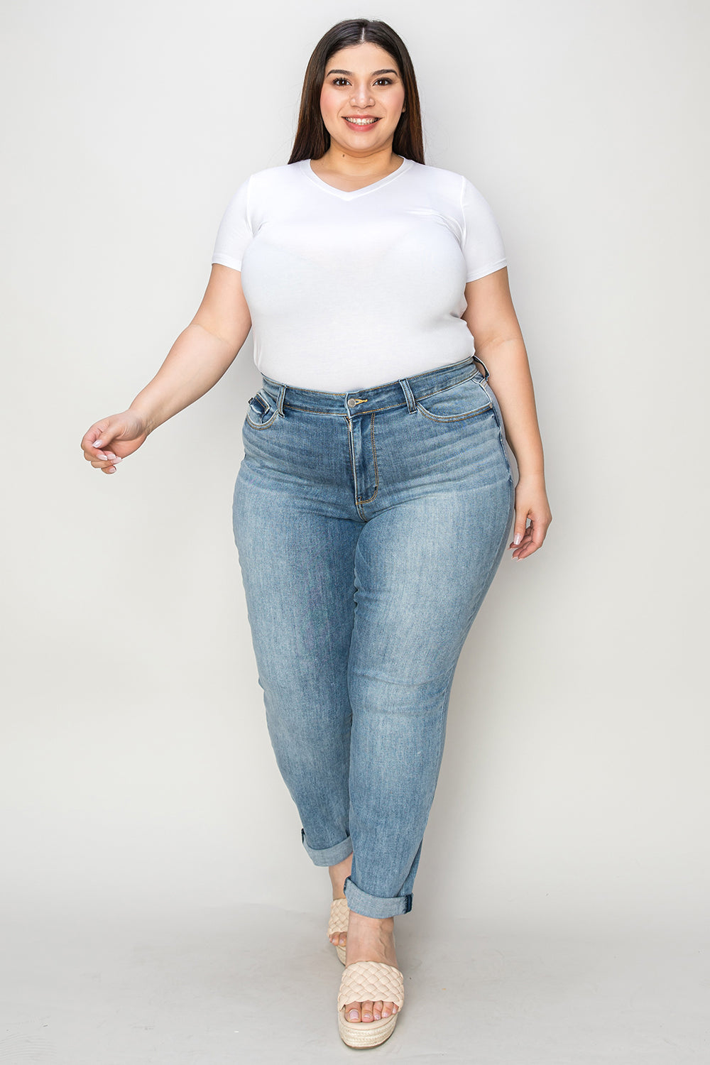 Judy Blue Full Size Cuffed Hem Low Waist Slim Jeans Medium Plus Size by Trendsi | Fleurcouture