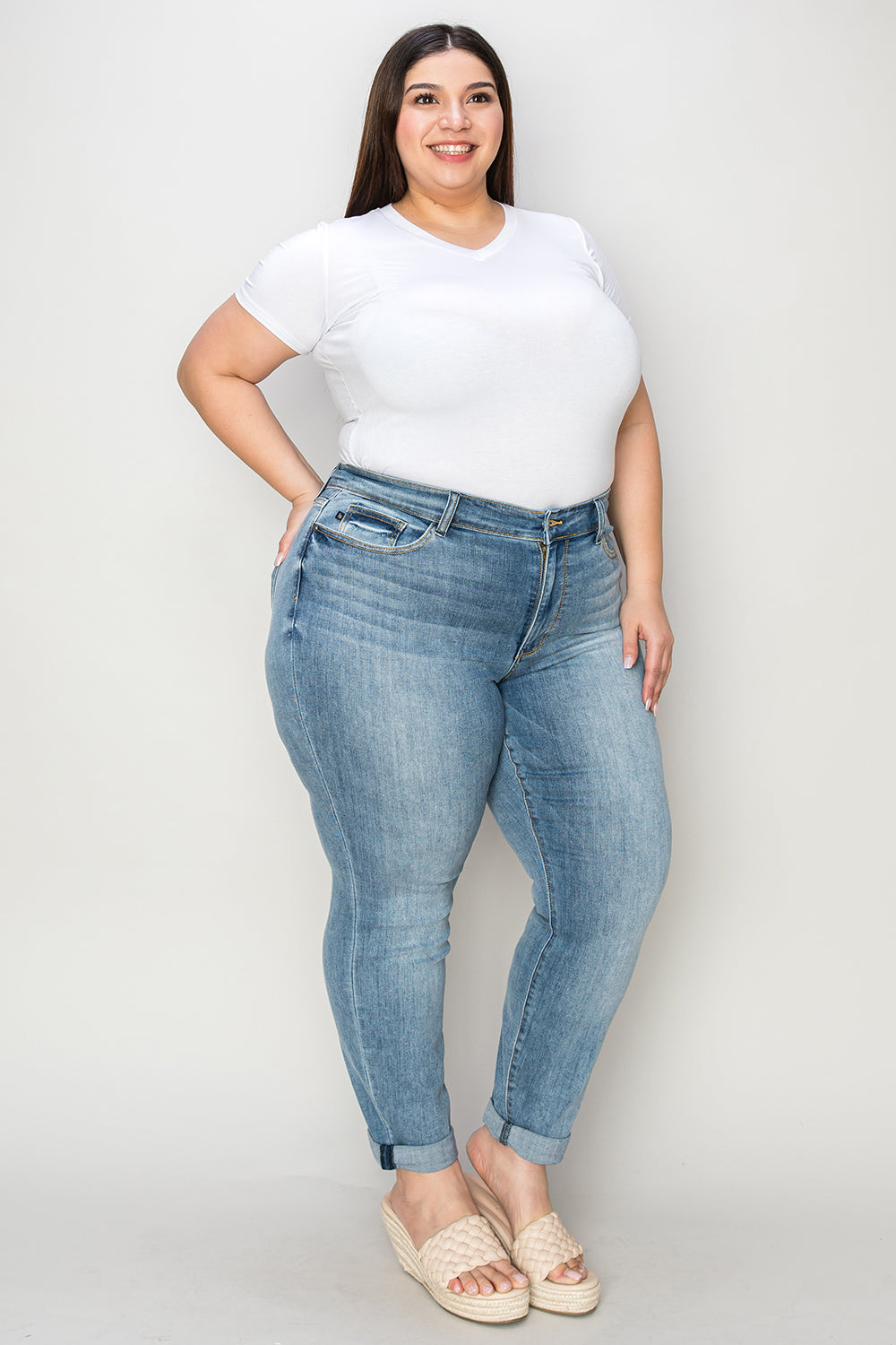 Judy Blue Full Size Cuffed Hem Low Waist Slim Jeans Medium Plus Size by Trendsi | Fleurcouture