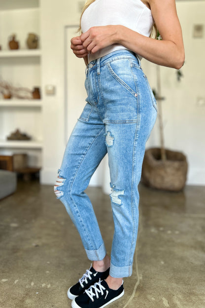 Judy Blue Full Size Distressed Straight Jeans with Patch Pockets Medium Women&