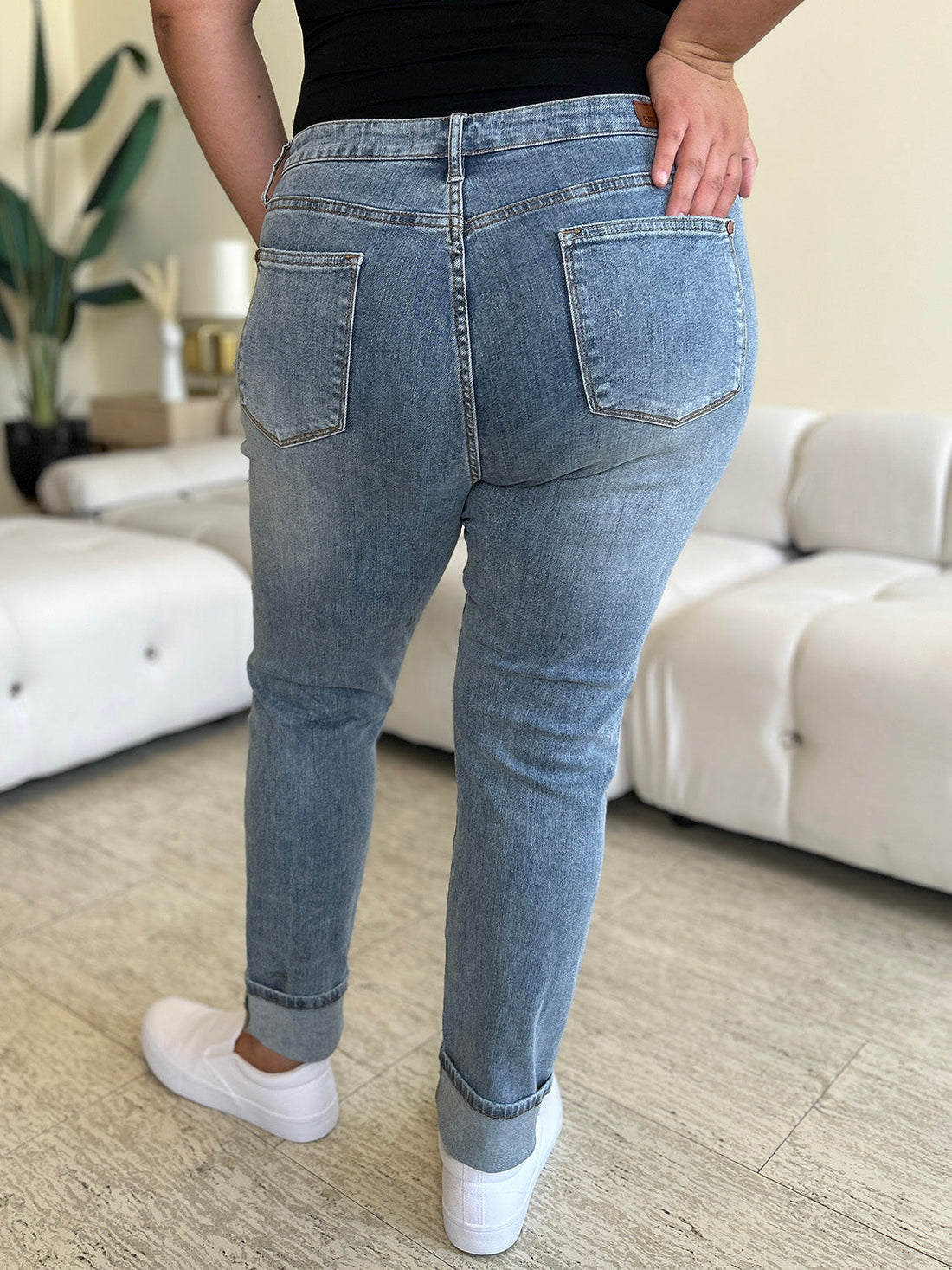 Judy Blue Full Size High Waist Cuff Hem Jeans Medium Jeans by Trendsi | Fleurcouture