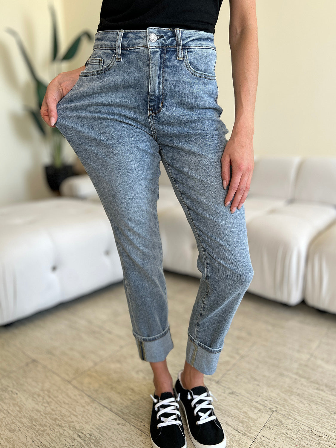 Judy Blue Full Size High Waist Cuff Hem Jeans Medium Jeans by Trendsi | Fleurcouture