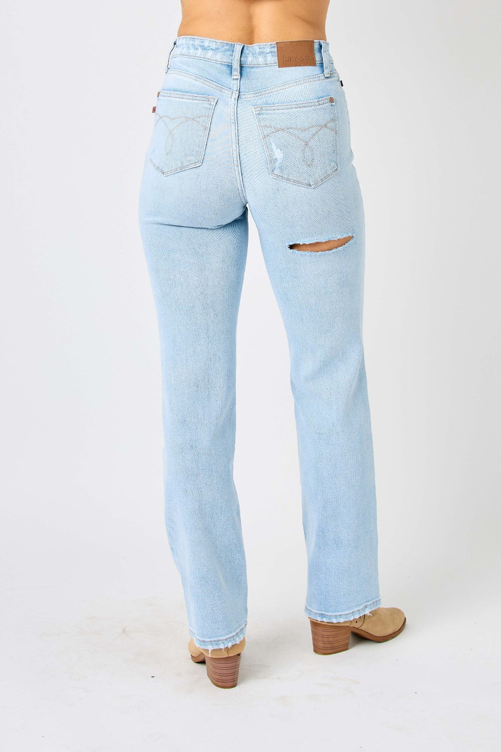 Judy Blue Full Size High Waist Distressed Straight Jeans Light Jeans by Trendsi | Fleurcouture