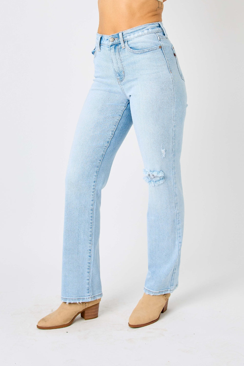 Judy Blue Full Size High Waist Distressed Straight Jeans Light Jeans by Trendsi | Fleurcouture