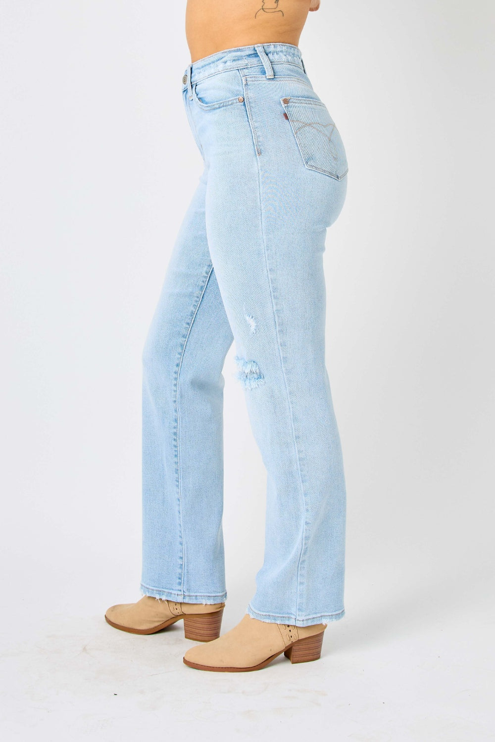 Judy Blue Full Size High Waist Distressed Straight Jeans Light Jeans by Trendsi | Fleurcouture