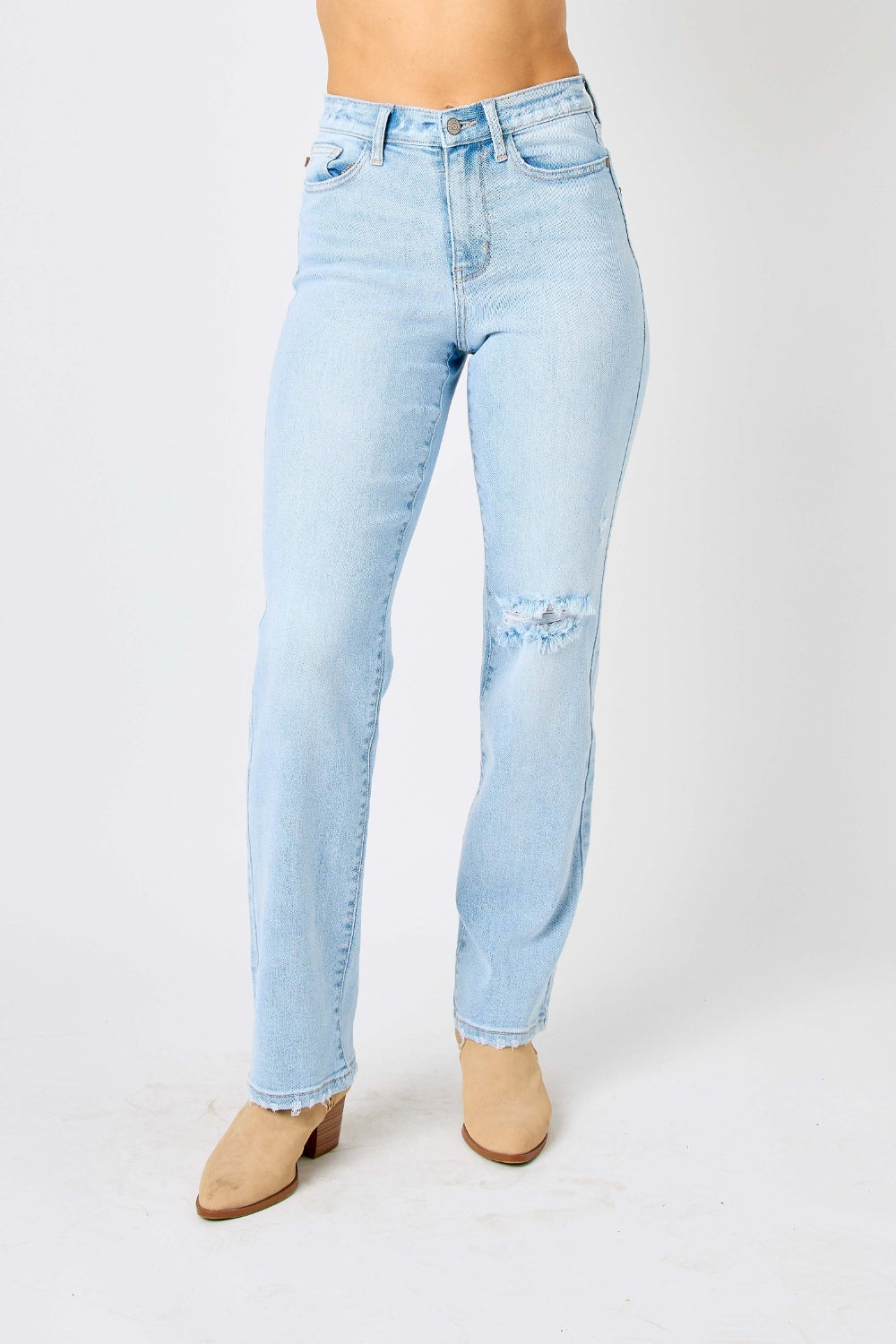 Judy Blue Full Size High Waist Distressed Straight Jeans Light Jeans by Trendsi | Fleurcouture