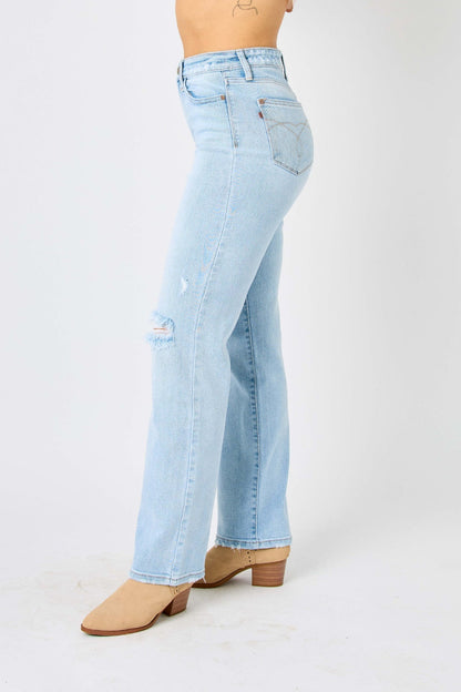 Judy Blue Full Size High Waist Distressed Straight Jeans Light Jeans by Trendsi | Fleurcouture