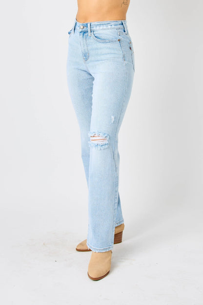 Judy Blue Full Size High Waist Distressed Straight Jeans Light Jeans by Trendsi | Fleurcouture