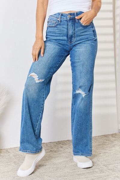 Judy Blue Full Size High Waist Distressed Straight-Leg Jeans Medium 0 by Trendsi | Fleurcouture