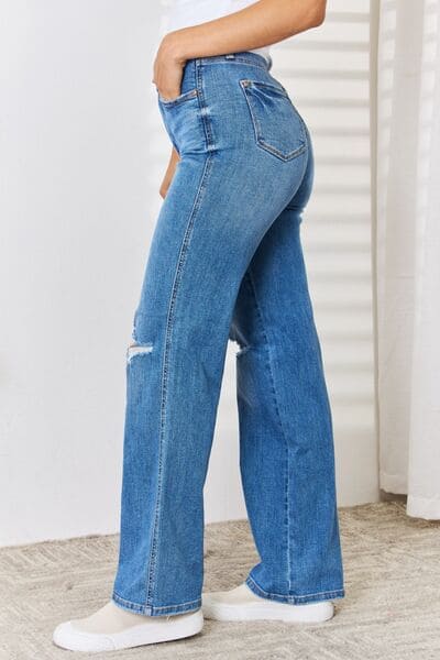 Judy Blue Full Size High Waist Distressed Straight-Leg Jeans Medium by Trendsi | Fleurcouture