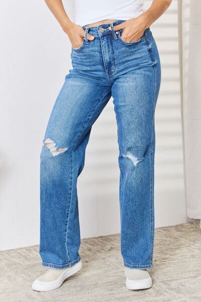 Judy Blue Full Size High Waist Distressed Straight-Leg Jeans Medium by Trendsi | Fleurcouture