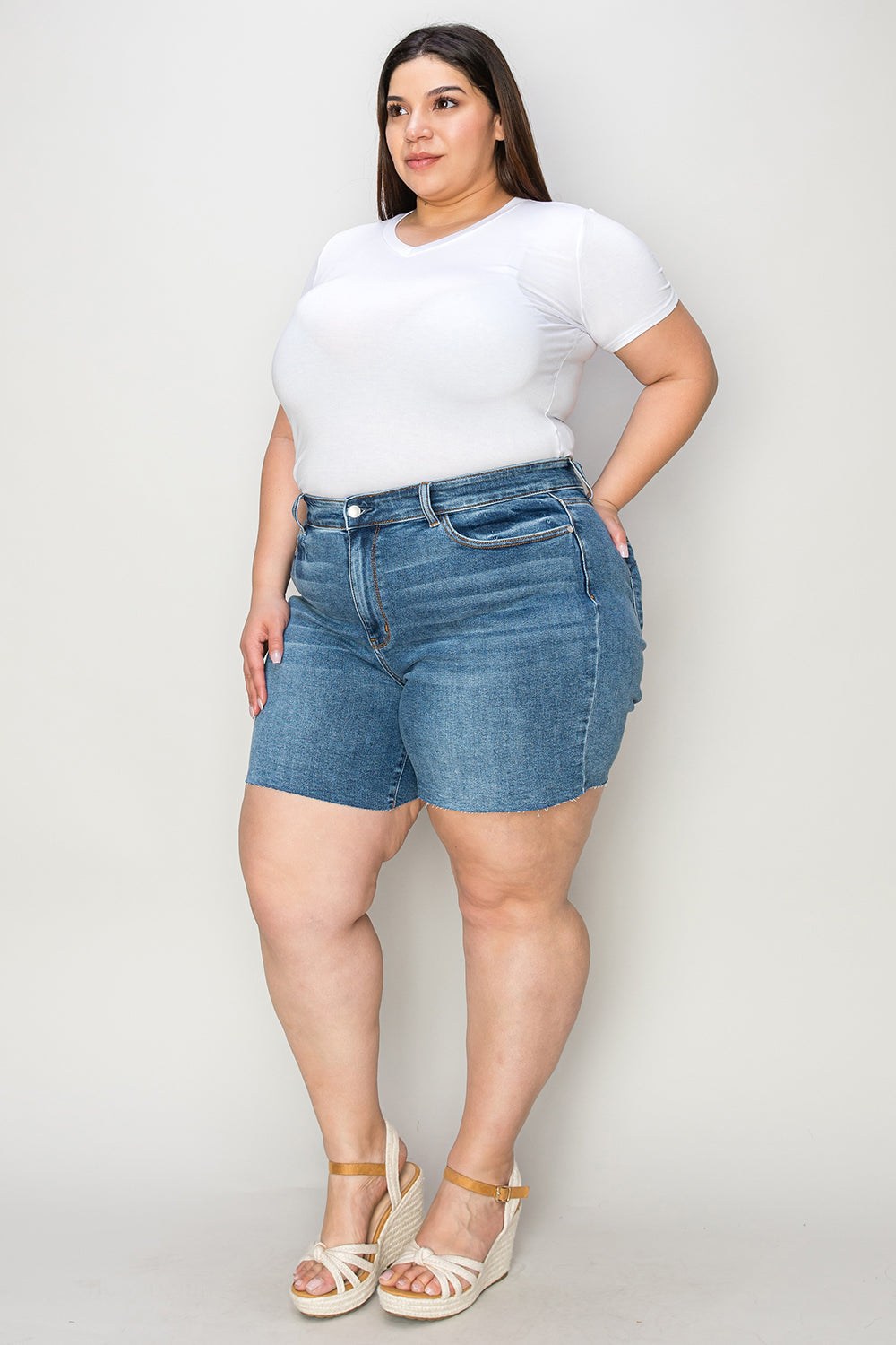 Judy Blue Full Size High Waist Slim Denim Shorts Medium Plus Size by Trendsi | Fleurcouture