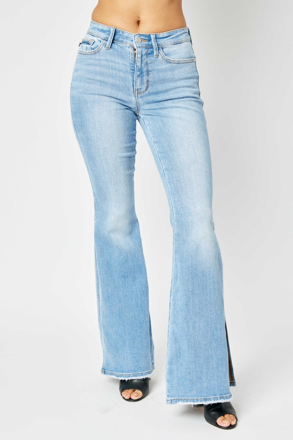 Judy Blue Full Size Mid Rise Raw Hem Slit Flare Jeans Medium 1(25) Women&