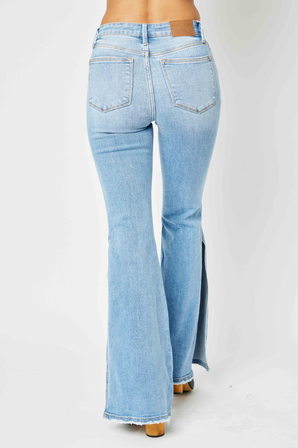 Judy Blue Full Size Mid Rise Raw Hem Slit Flare Jeans Medium Women&