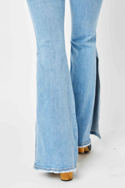 Judy Blue Full Size Mid Rise Raw Hem Slit Flare Jeans Medium Women&