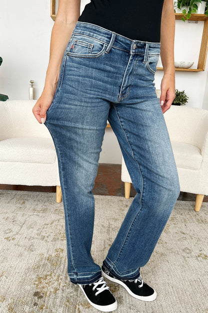 Judy Blue Full Size Mid Rise Release Hem Jeans Dark Women&