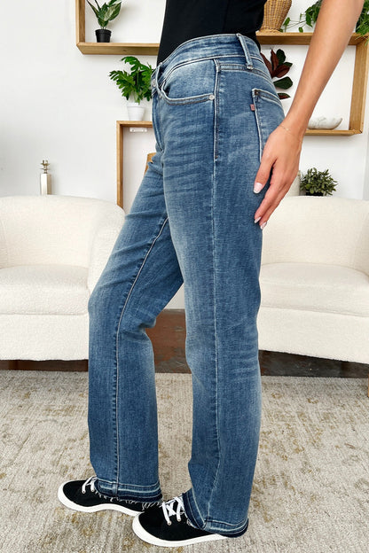 Judy Blue Full Size Mid Rise Release Hem Jeans Dark Women&