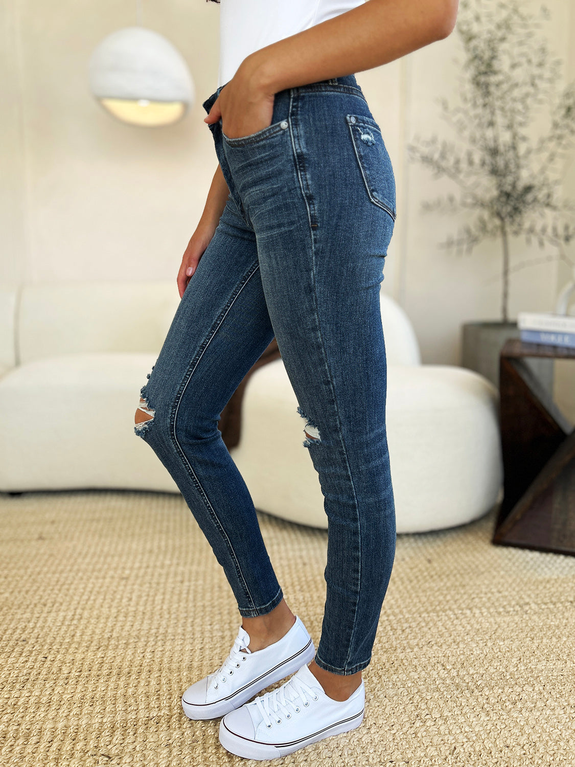 Judy Blue Full Size Mid Waist Distressed Slim Jeans Dark Jeans by Trendsi | Fleurcouture