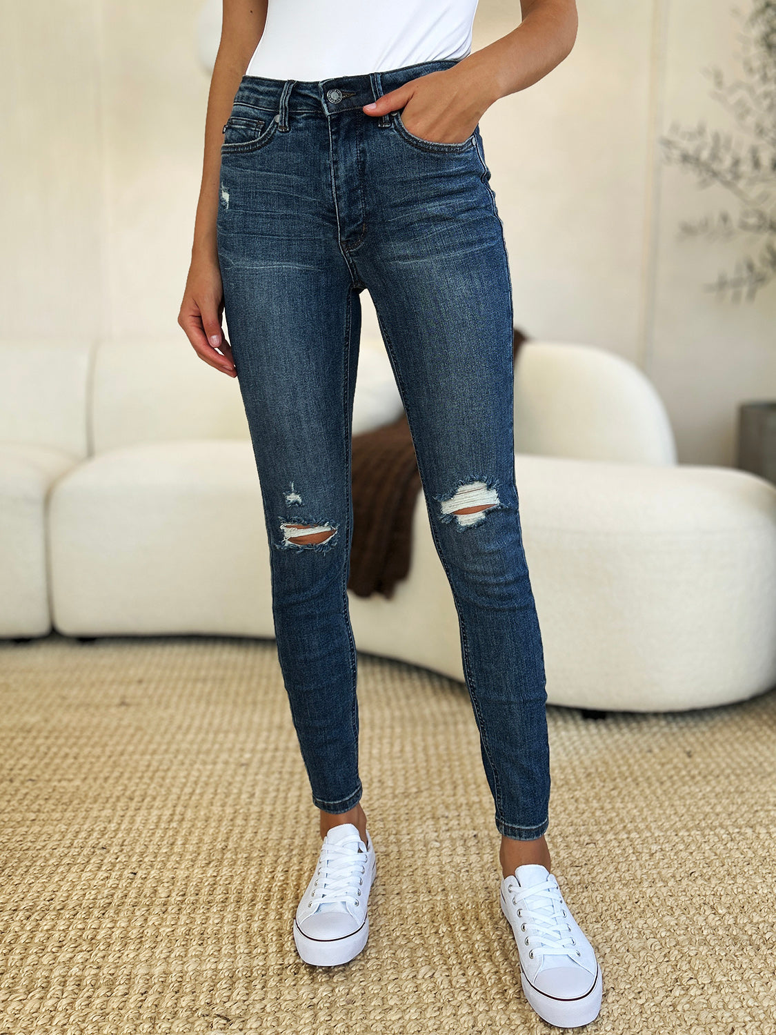 Judy Blue Full Size Mid Waist Distressed Slim Jeans Dark Jeans by Trendsi | Fleurcouture