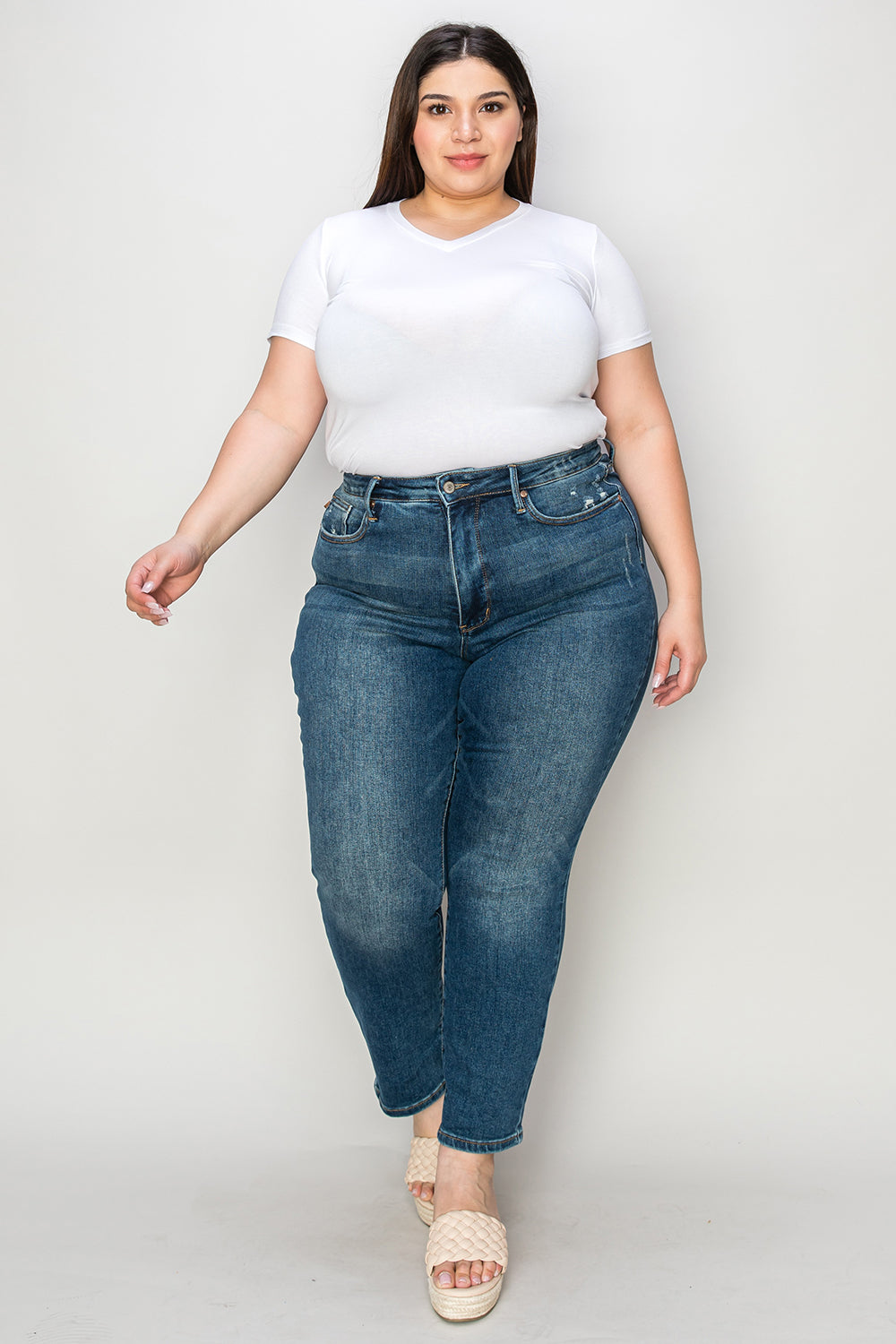 Judy Blue Full Size Tummy Control High Waist Slim Jeans Dark Jeans by Trendsi | Fleurcouture