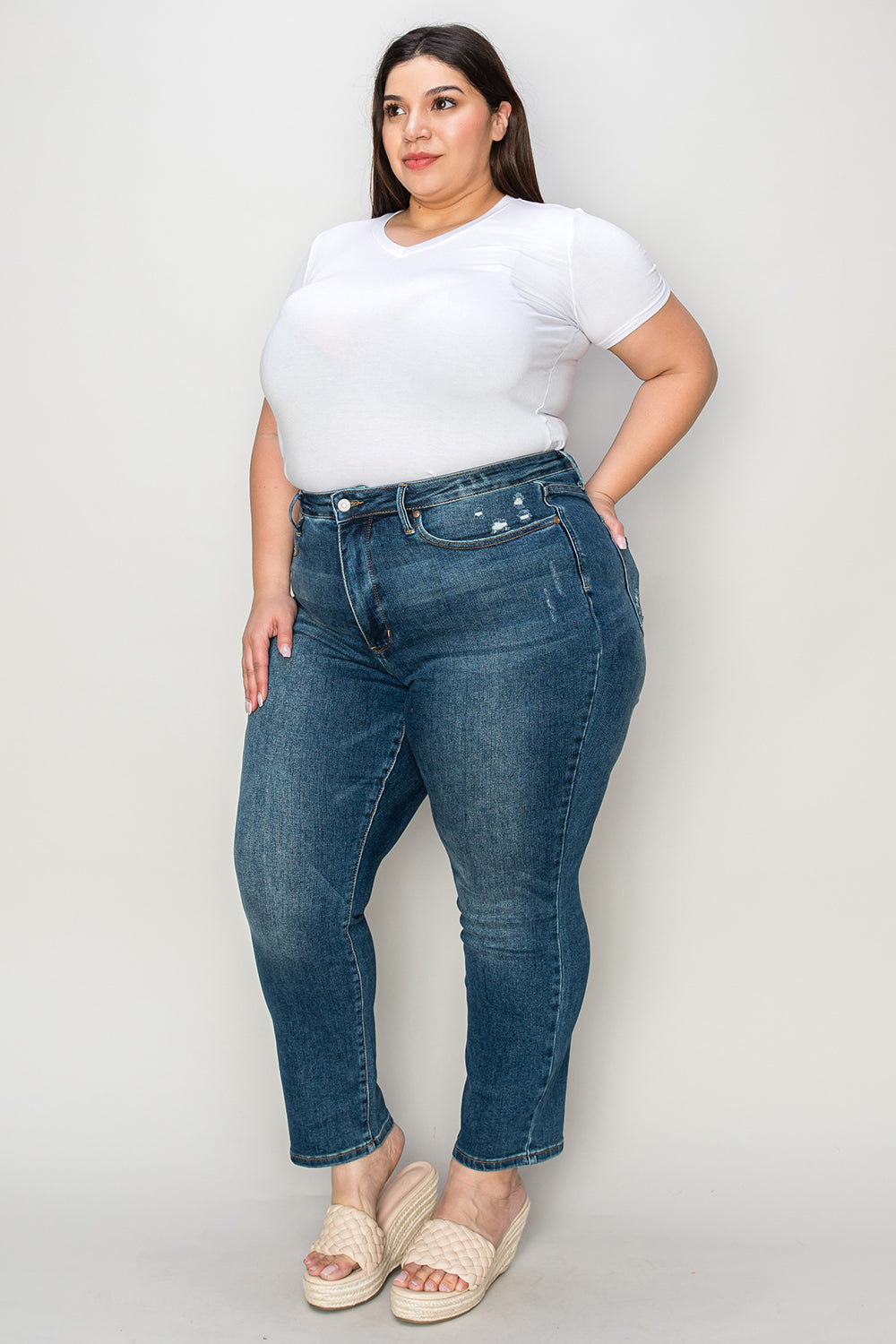 Judy Blue Full Size Tummy Control High Waist Slim Jeans Dark Jeans by Trendsi | Fleurcouture