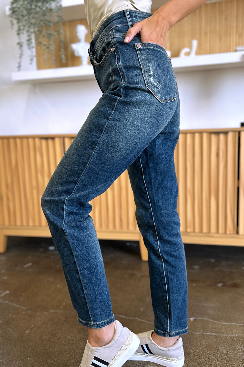 Judy Blue Full Size Tummy Control High Waist Slim Jeans Dark Jeans by Trendsi | Fleurcouture