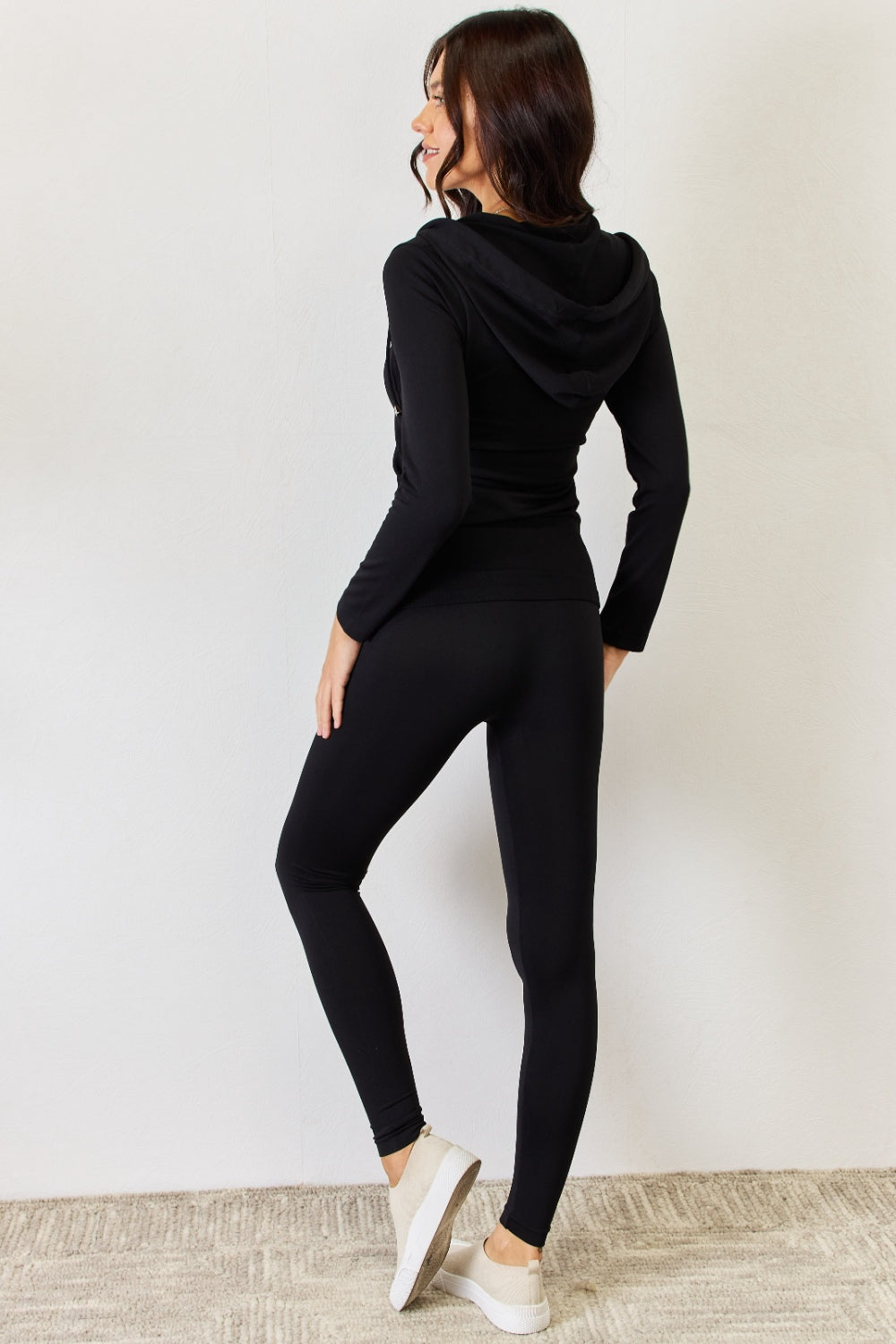 JULIA Zip Up Drawstring Hoodie and Leggings Set BLACK Women&