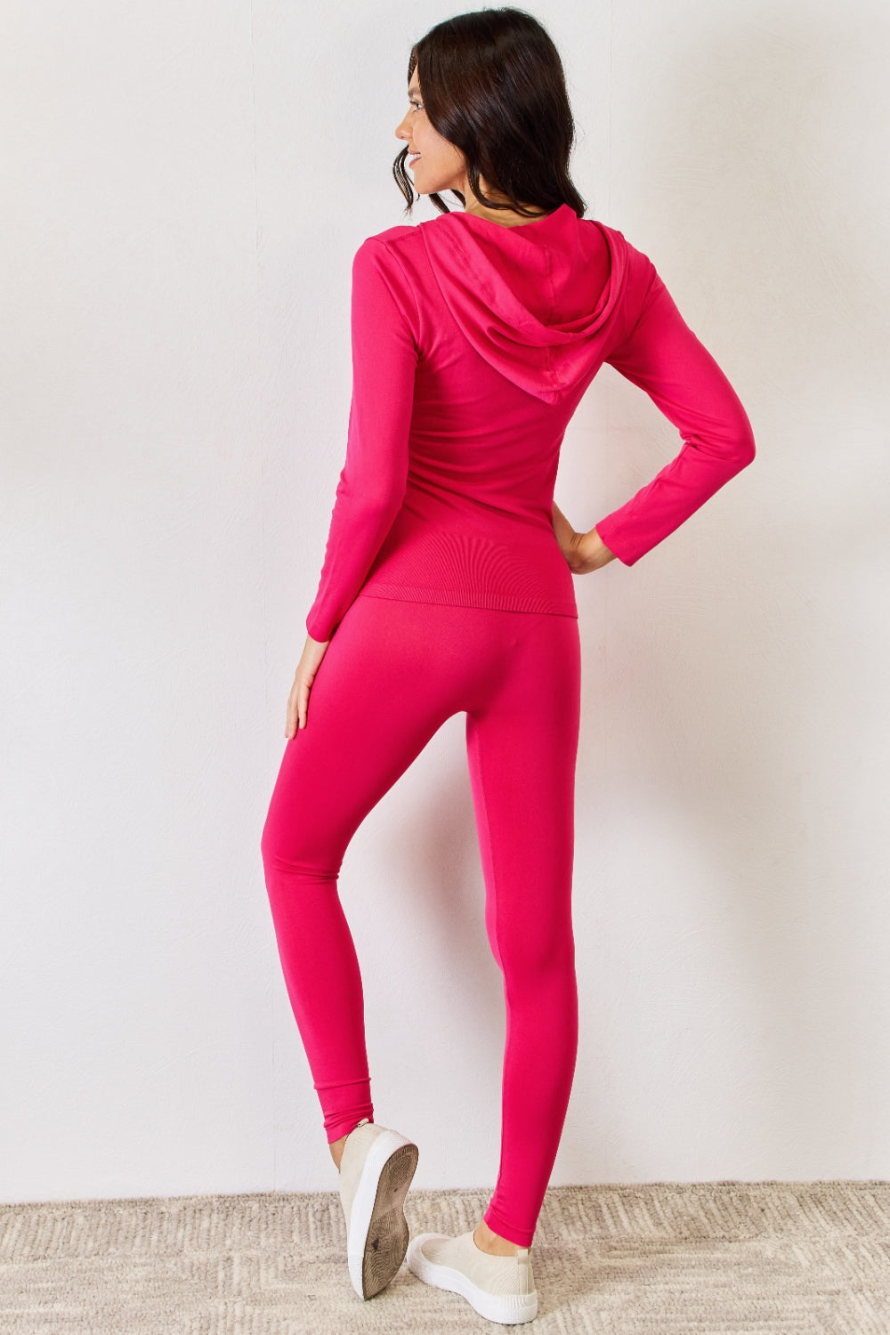 JULIA Zip Up Drawstring Hoodie and Leggings Set HOT PINK Women&