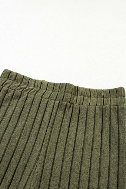 Jungle Green Ribbed Knit High Neck Loose Top and Pants Set Jungle Green 95%Polyester+5%Elastane Two Piece Sets by Fleurcouture | Fleurcouture