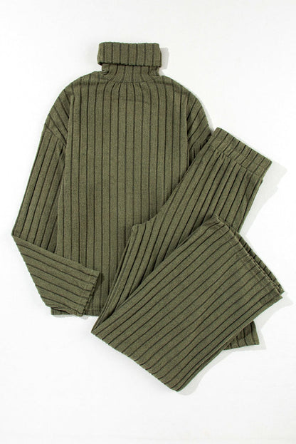 Jungle Green Ribbed Knit High Neck Loose Top and Pants Set Jungle Green 95%Polyester+5%Elastane Two Piece Sets by Fleurcouture | Fleurcouture