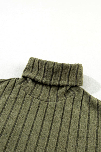 Jungle Green Ribbed Knit High Neck Loose Top and Pants Set Jungle Green 95%Polyester+5%Elastane Two Piece Sets by Fleurcouture | Fleurcouture