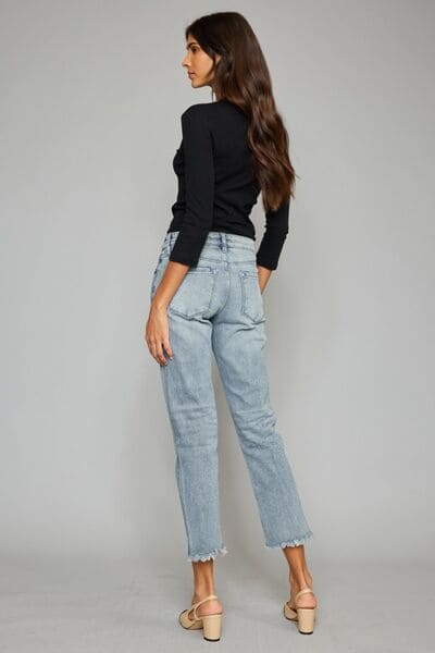 Kancan High Waist Button Fly Raw Hem Cropped Straight Jeans Light by Trendsi | Fleurcouture