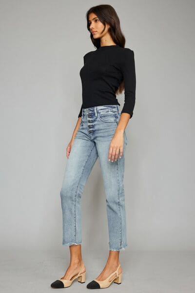 Kancan High Waist Button Fly Raw Hem Cropped Straight Jeans Light by Trendsi | Fleurcouture