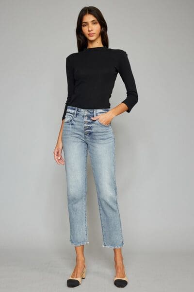 Kancan High Waist Button Fly Raw Hem Cropped Straight Jeans Light by Trendsi | Fleurcouture